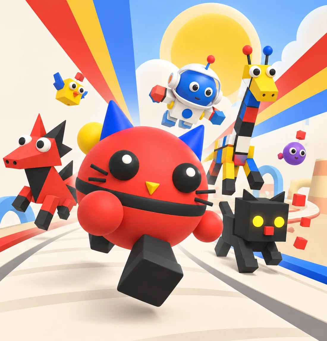 CRIT, a round red cat runner, sprinting down a cream track with a robot, a block giraffe, a red fox and a black cat behind, under red, yellow and blue rays.